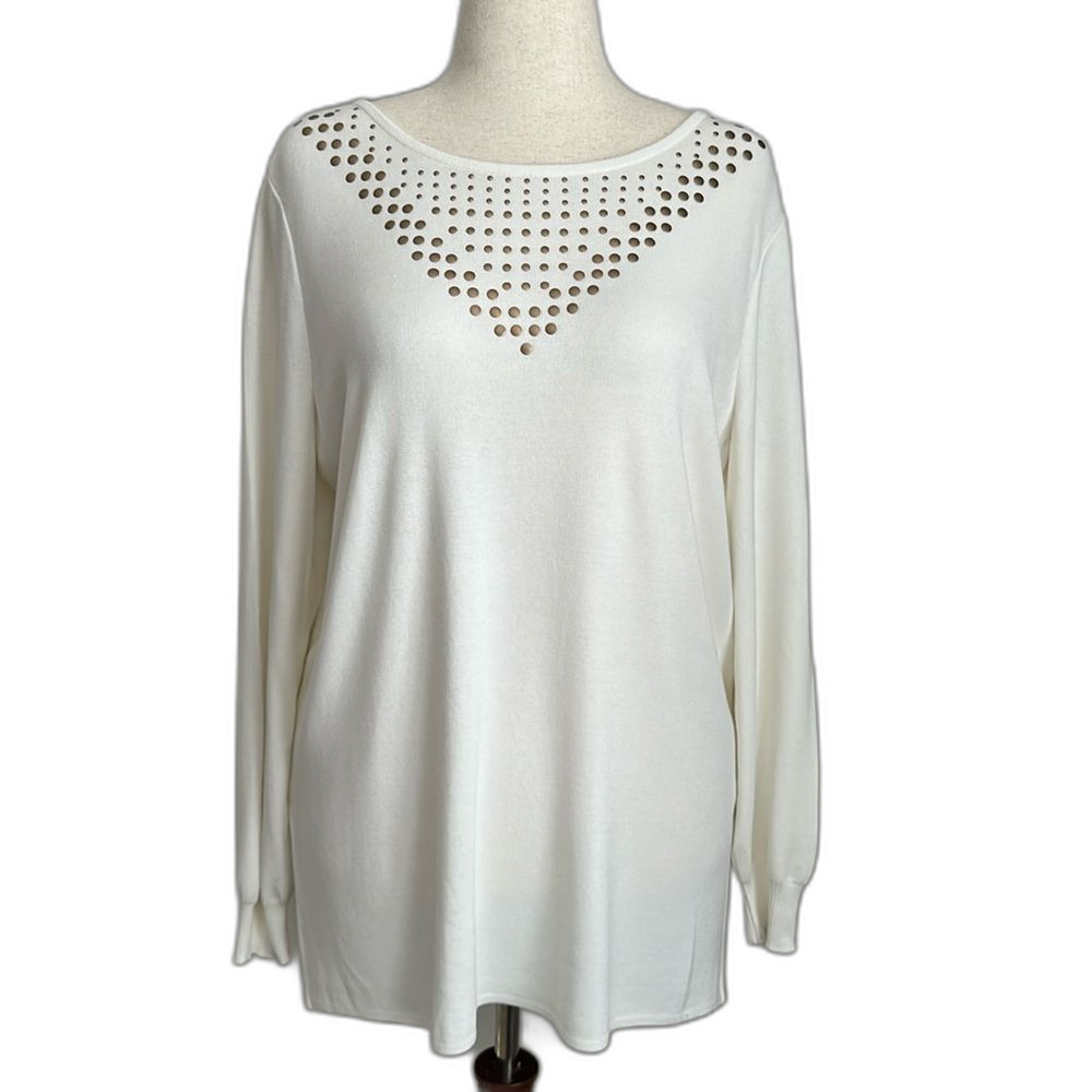 Misook White Long Sleeve Gold Embellishment Detail Knit Sweater Size L